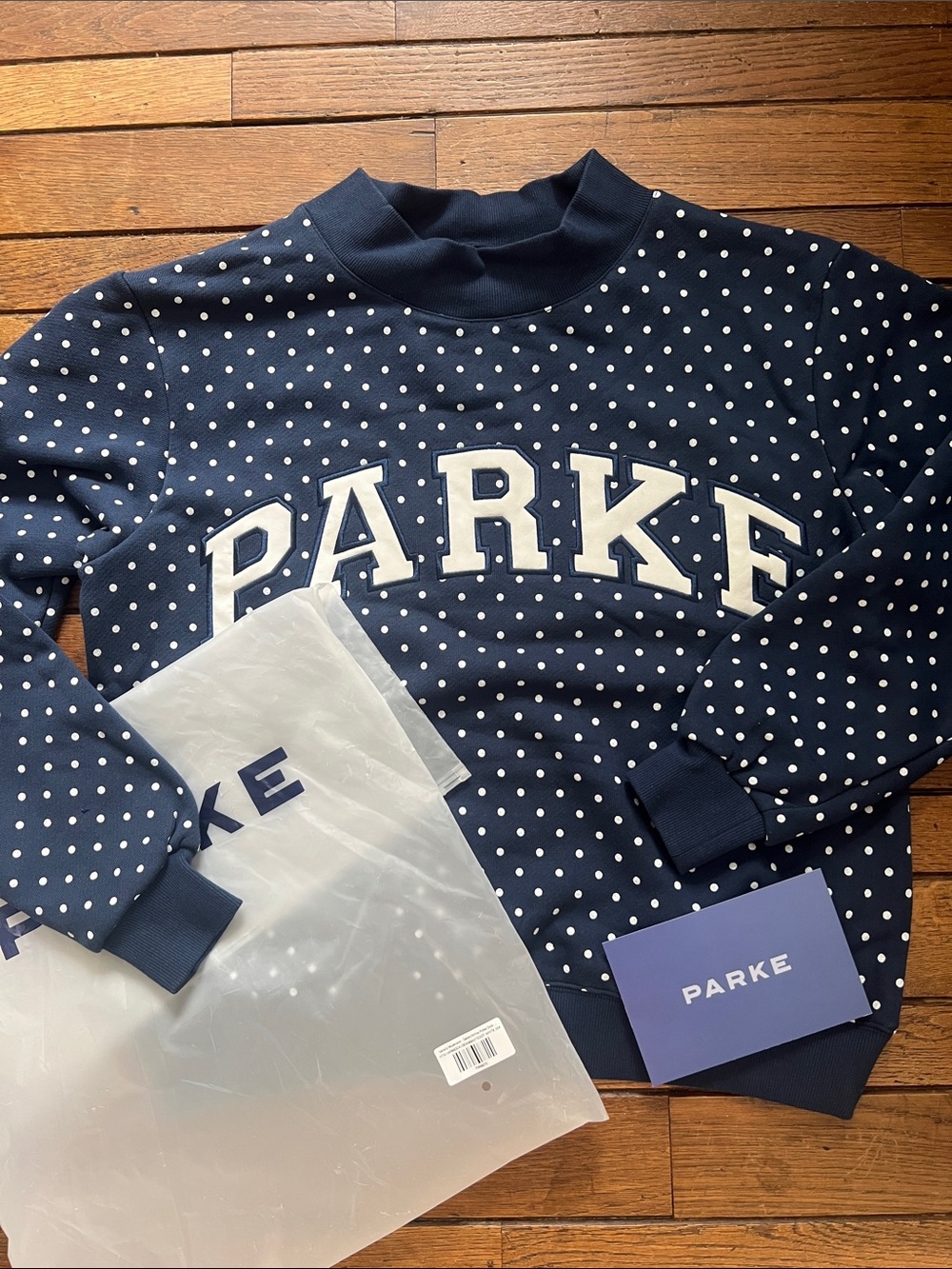 PARKE Denim White Polka Dot Varsity Mockneck Heritage Size S/M New In Bag NWT